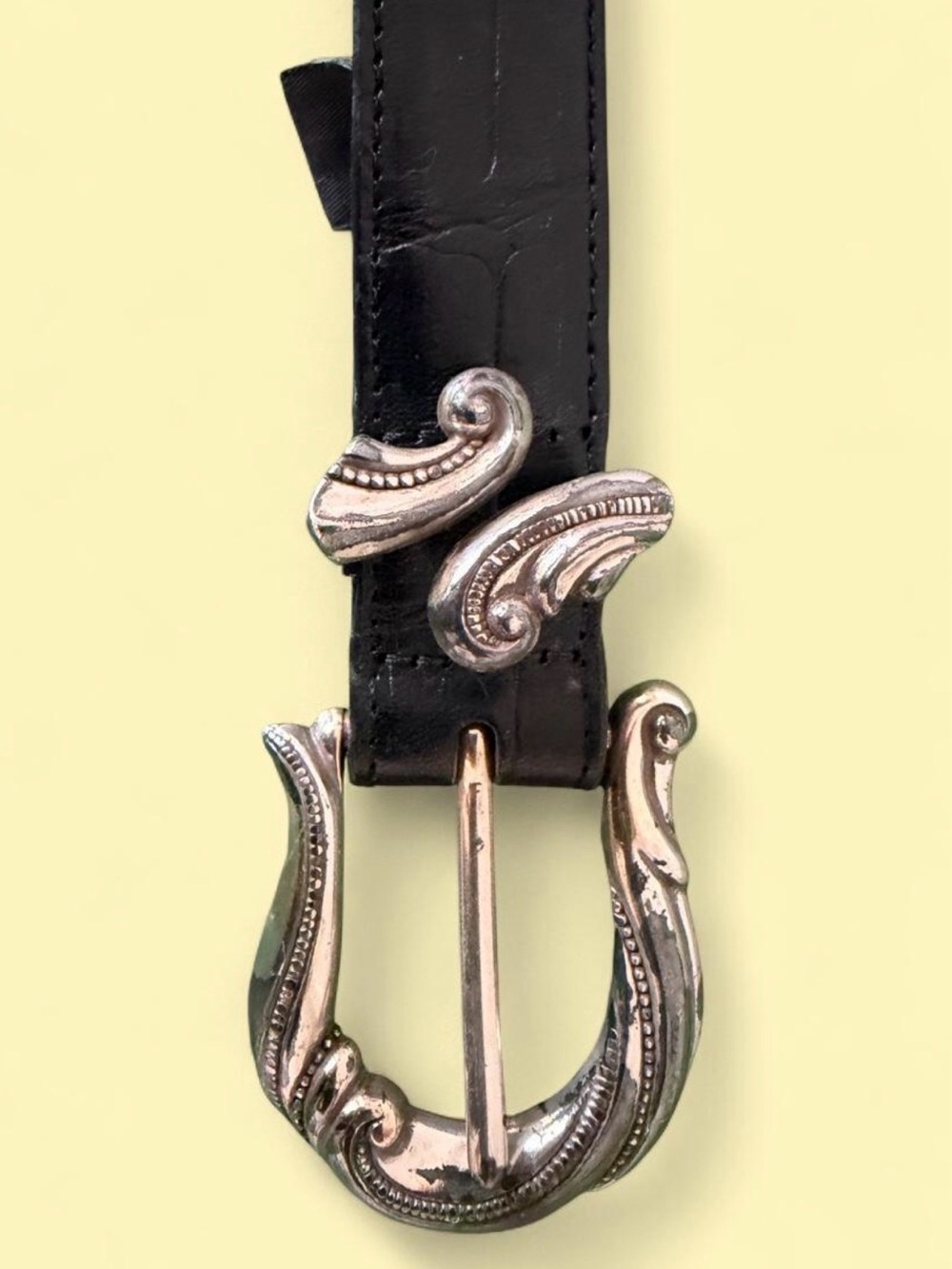 Brighton Black Leather Belt with Ornate Silver-Tone Buckle